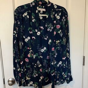 LOFT Navy Floral Blouse with tie